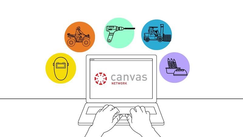 Student at computer with Canvas logo